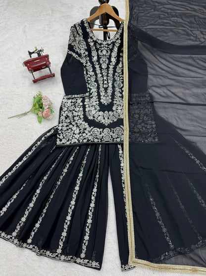 Party Wear Black Color Faux Georgette Thread With Sequin Embroidery Work Sharara Suit