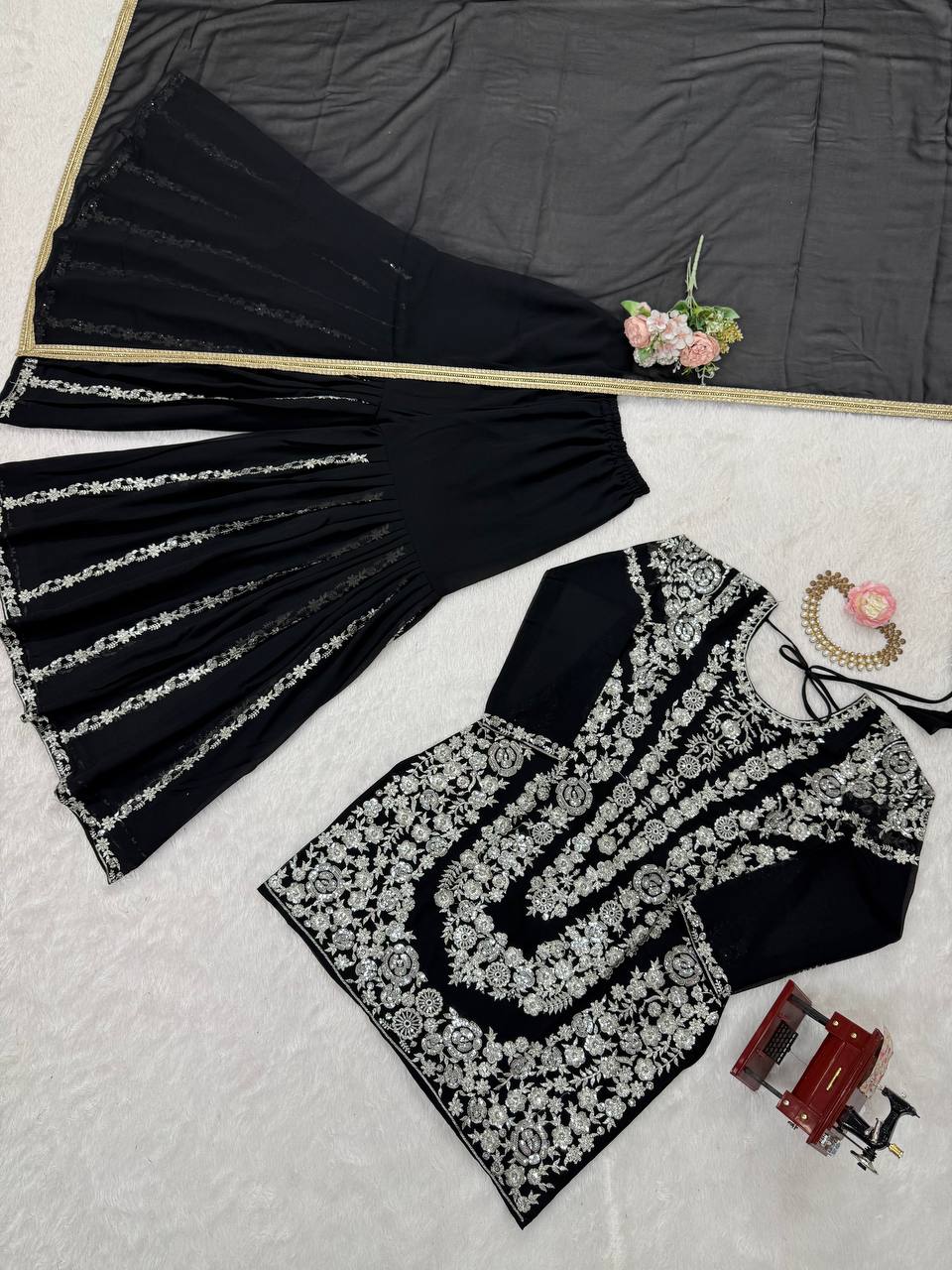 Party Wear Black Color Faux Georgette Thread With Sequin Embroidery Work Sharara Suit