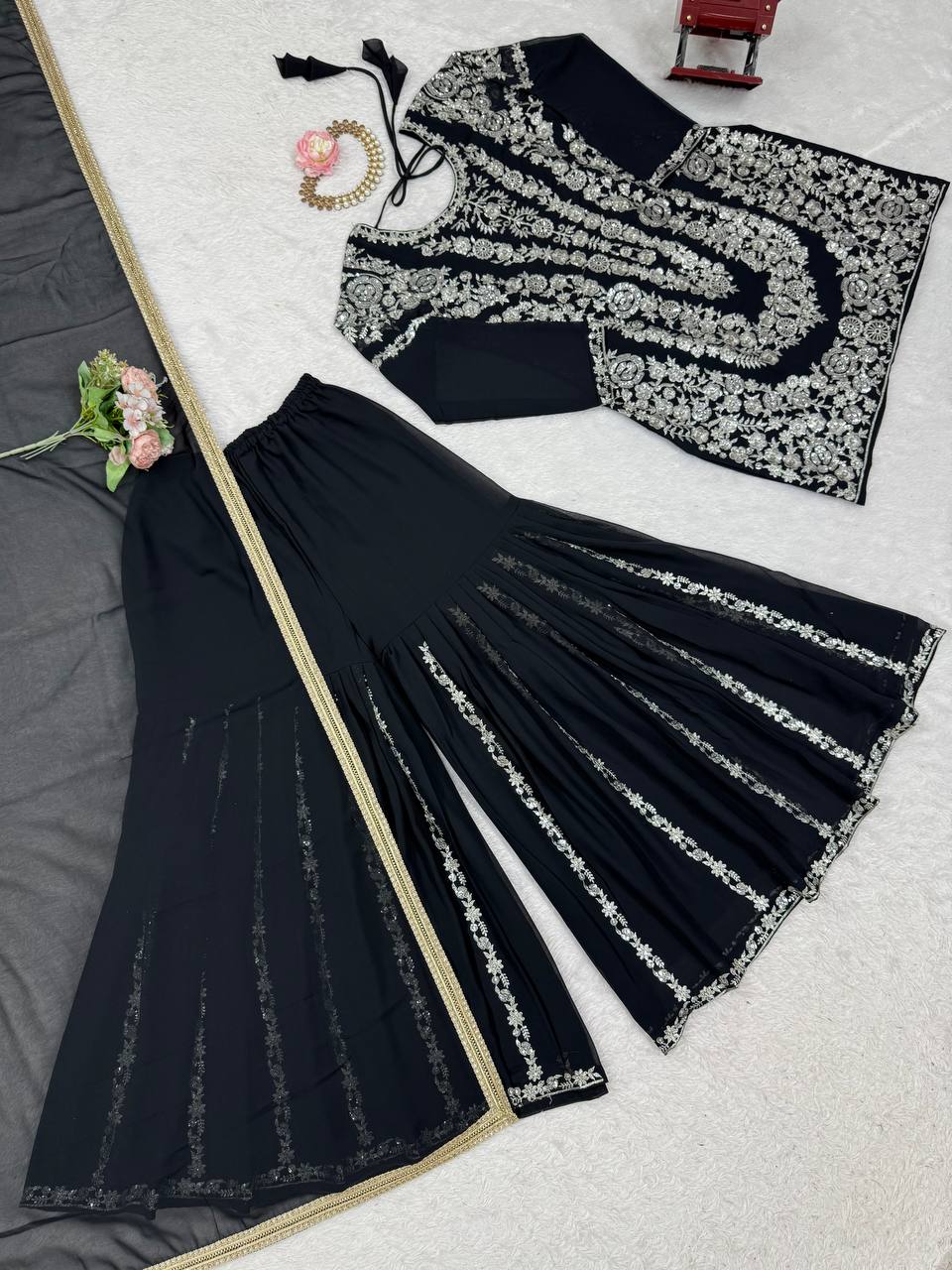 Party Wear Black Color Faux Georgette Thread With Sequin Embroidery Work Sharara Suit