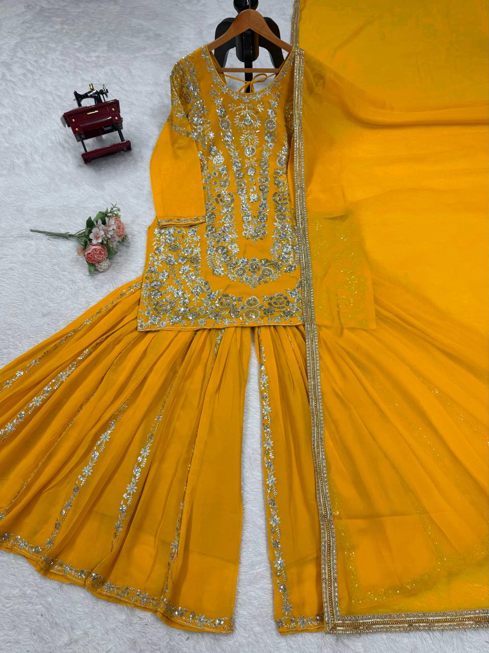 Haldi Wear Yellow Color Faux Georgette Thread With Sequin Embroidery Work Sharara Suit