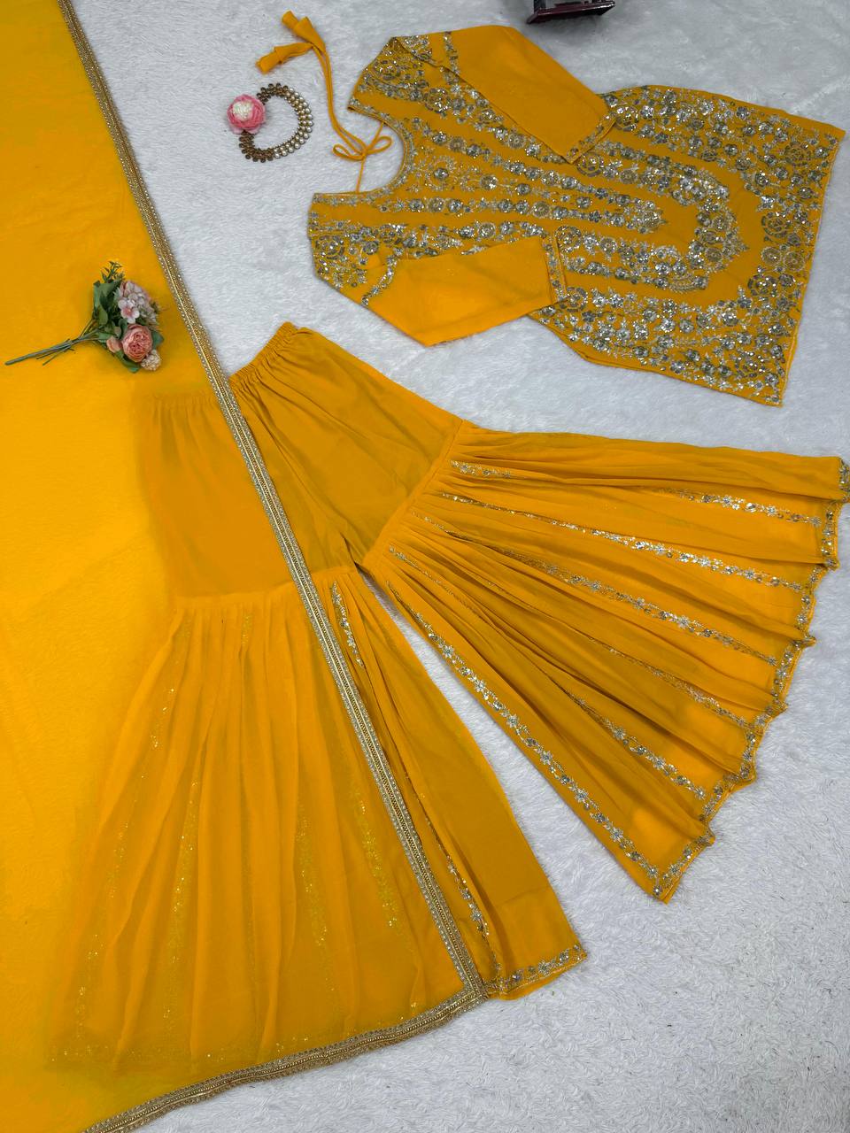 Haldi Wear Yellow Color Faux Georgette Thread With Sequin Embroidery Work Sharara Suit