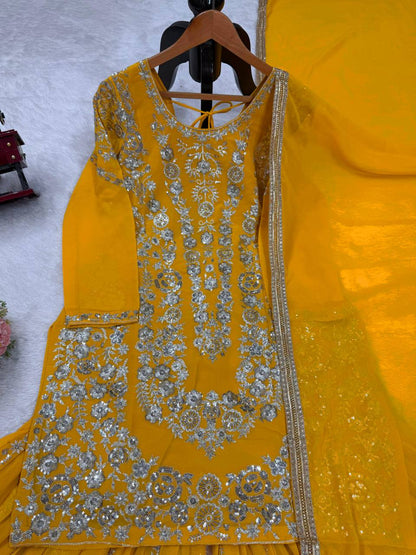 Haldi Wear Yellow Color Faux Georgette Thread With Sequin Embroidery Work Sharara Suit