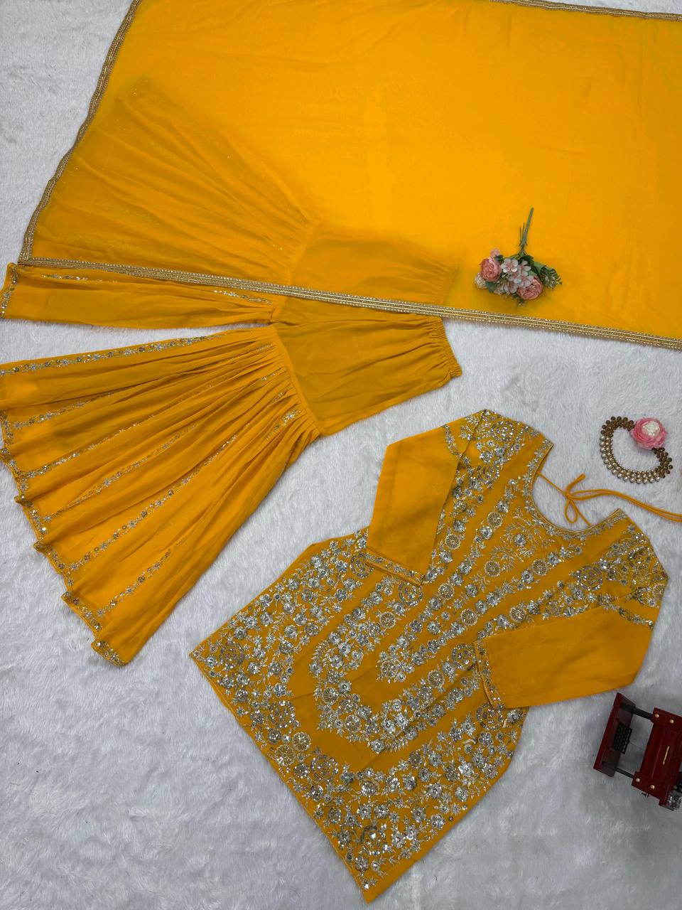 Haldi Wear Yellow Color Faux Georgette Thread With Sequin Embroidery Work Sharara Suit