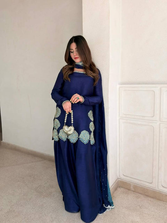 Outstanding Blue Color Rembo Sequence Jarcan Diamond Work Farshi Suit