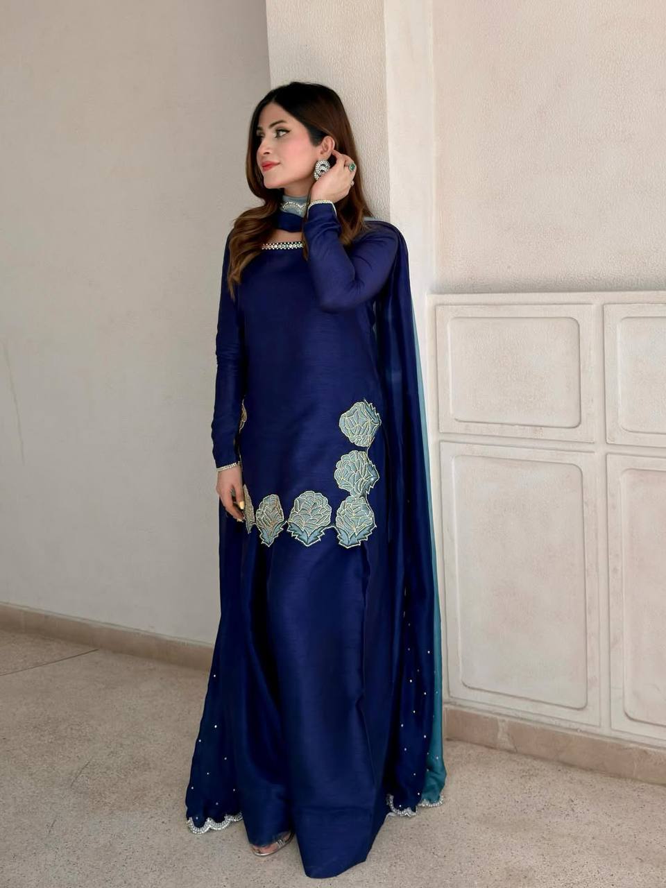 Outstanding Blue Color Rembo Sequence Jarcan Diamond Work Farshi Suit
