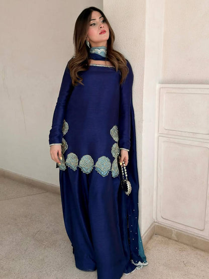 Outstanding Blue Color Rembo Sequence Jarcan Diamond Work Farshi Suit