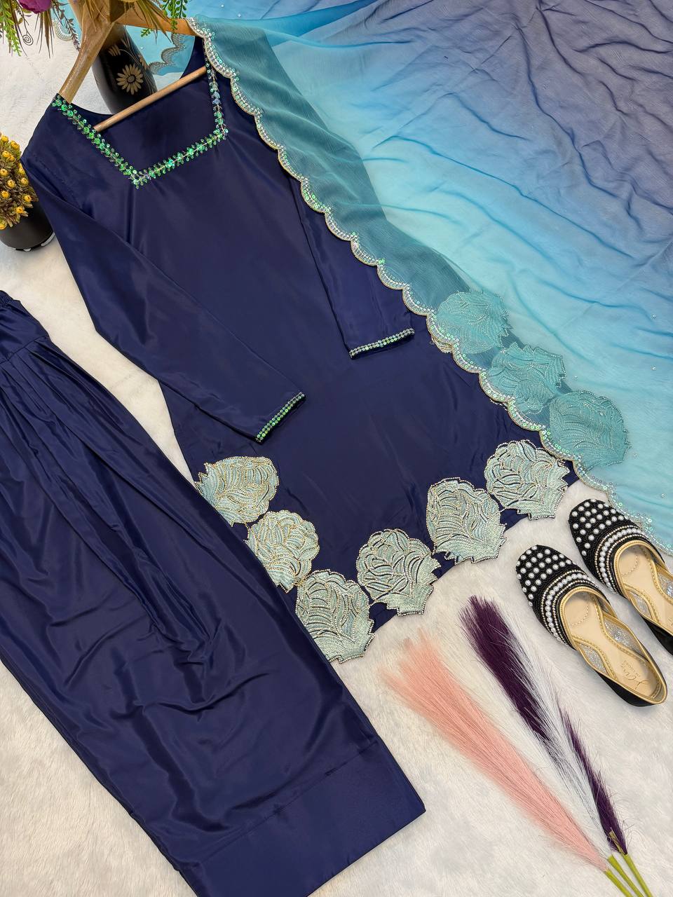 Outstanding Blue Color Rembo Sequence Jarcan Diamond Work Farshi Suit