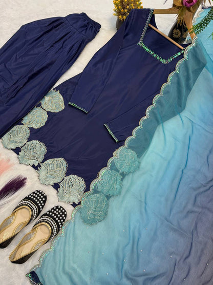 Outstanding Blue Color Rembo Sequence Jarcan Diamond Work Farshi Suit