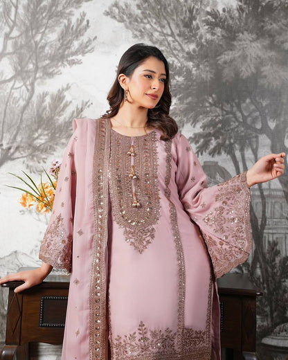 Beautiful Pink Color Heavy Embroidery Sequence Work With Full Flair Sharara Suit