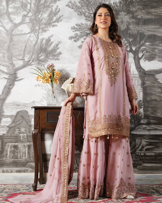 Beautiful Pink Color Heavy Embroidery Sequence Work With Full Flair Sharara Suit