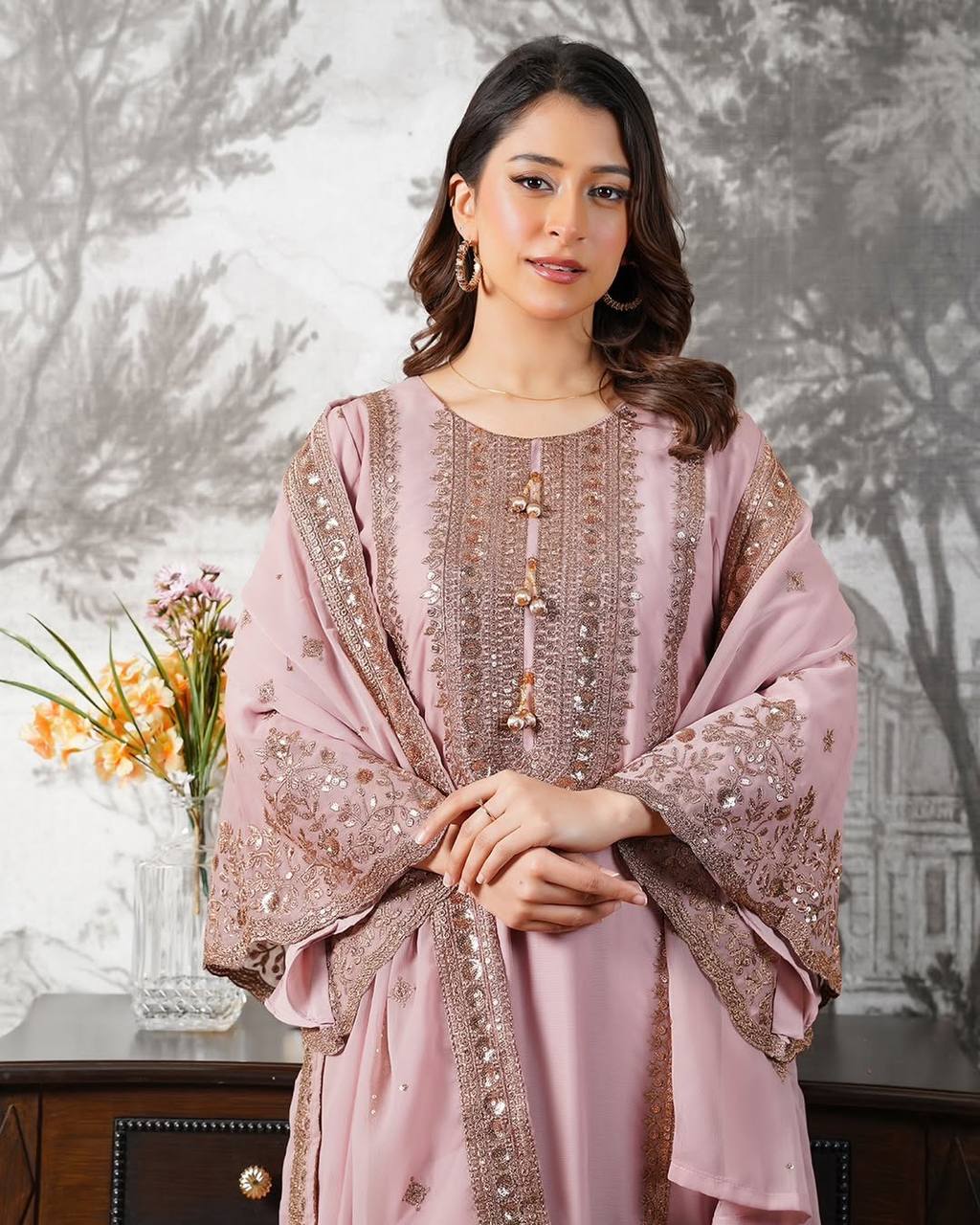 Beautiful Pink Color Heavy Embroidery Sequence Work With Full Flair Sharara Suit