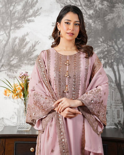 Beautiful Pink Color Heavy Embroidery Sequence Work With Full Flair Sharara Suit