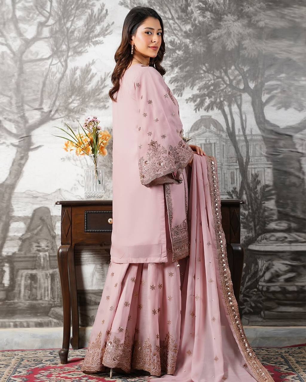 Beautiful Pink Color Heavy Embroidery Sequence Work With Full Flair Sharara Suit