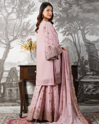 Beautiful Pink Color Heavy Embroidery Sequence Work With Full Flair Sharara Suit