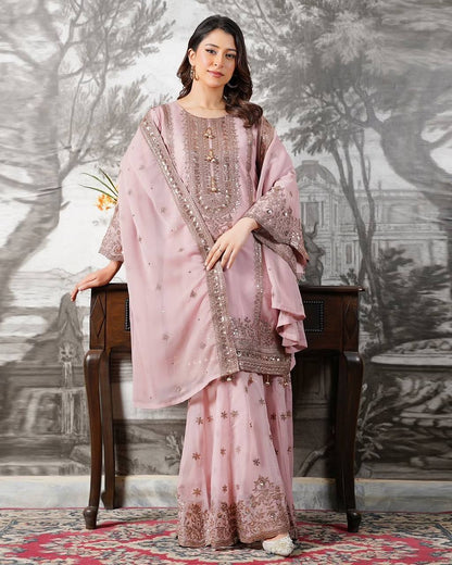 Beautiful Pink Color Heavy Embroidery Sequence Work With Full Flair Sharara Suit