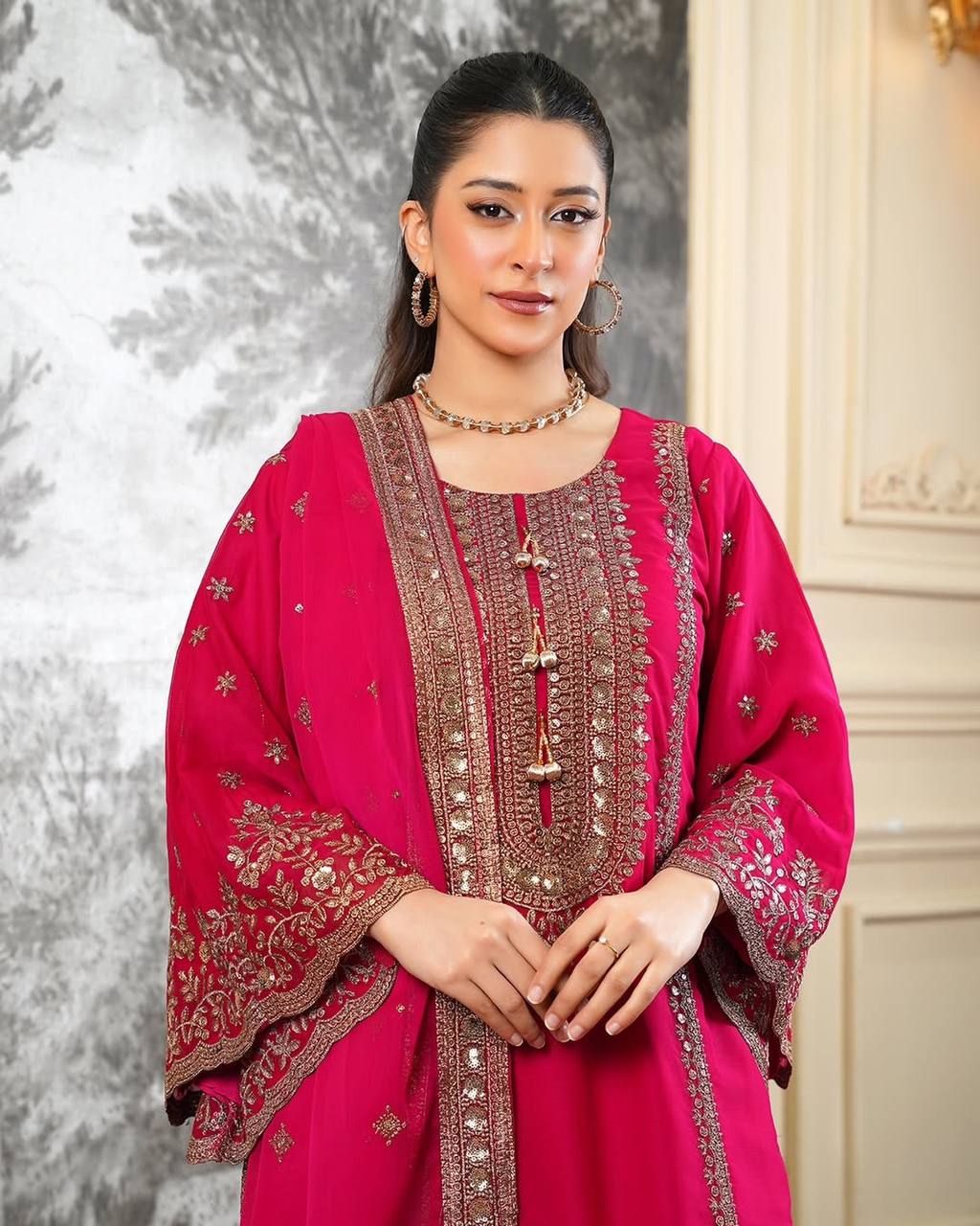Shining Red Color Heavy Embroidery Sequence Work With Full Flair Sharara Suit