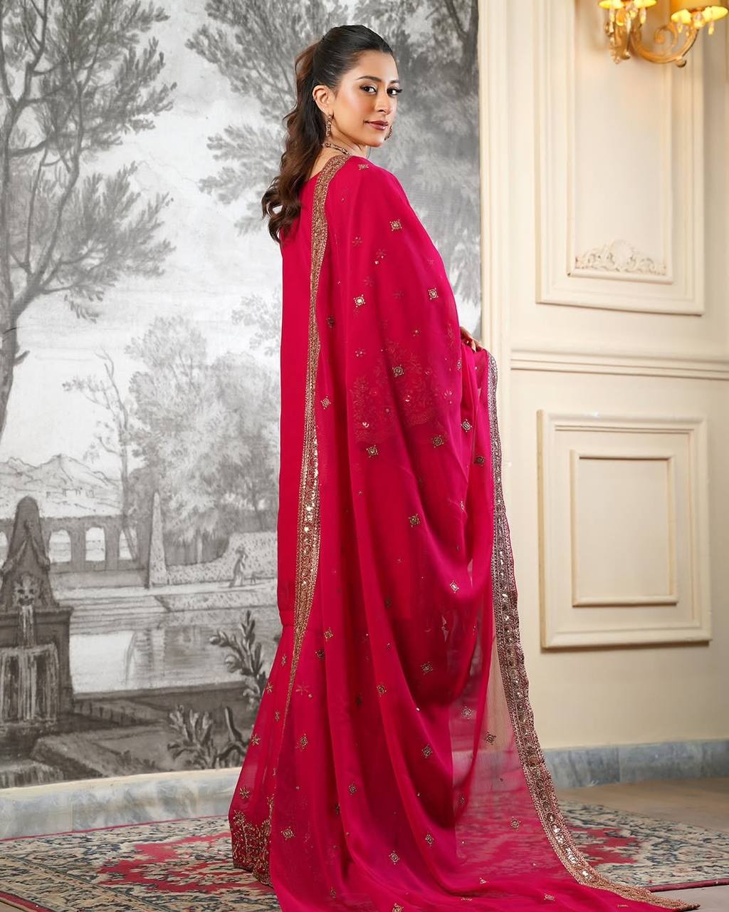 Shining Red Color Heavy Embroidery Sequence Work With Full Flair Sharara Suit