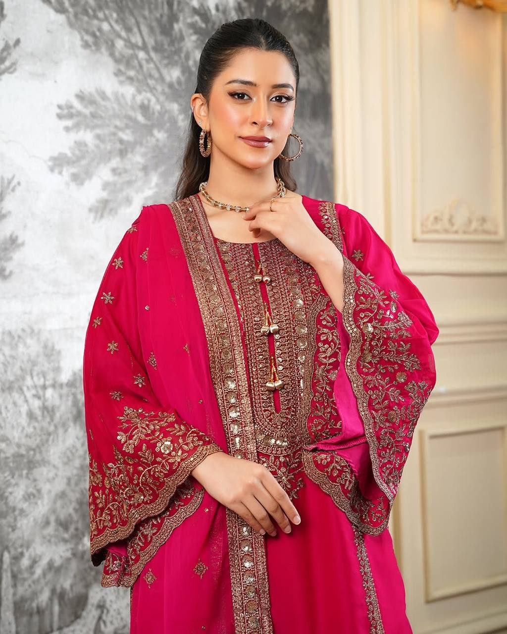 Shining Red Color Heavy Embroidery Sequence Work With Full Flair Sharara Suit