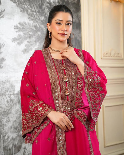 Shining Red Color Heavy Embroidery Sequence Work With Full Flair Sharara Suit