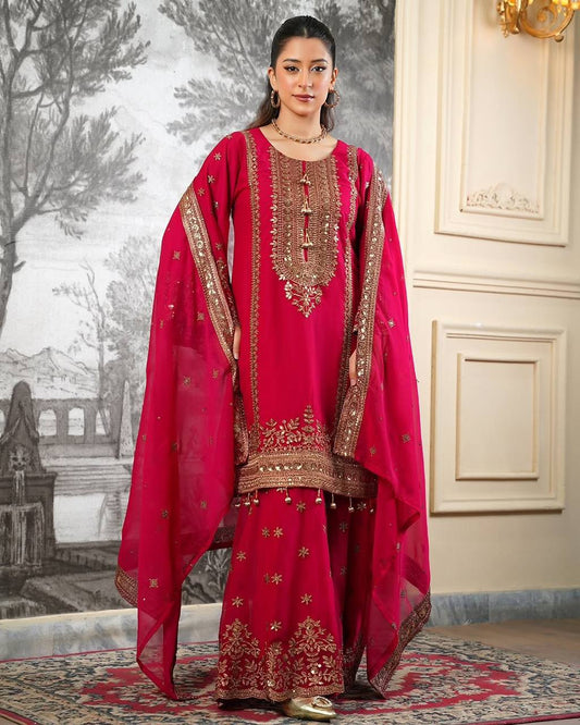 Shining Red Color Heavy Embroidery Sequence Work With Full Flair Sharara Suit