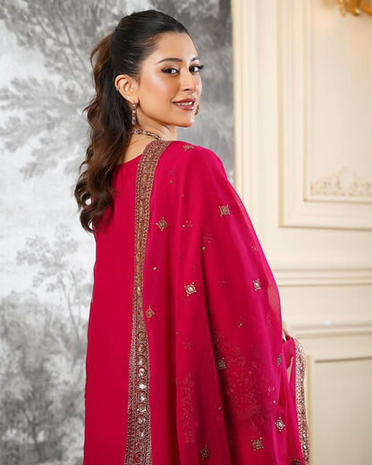 Shining Red Color Heavy Embroidery Sequence Work With Full Flair Sharara Suit