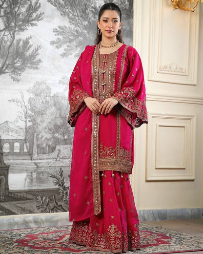 Shining Red Color Heavy Embroidery Sequence Work With Full Flair Sharara Suit