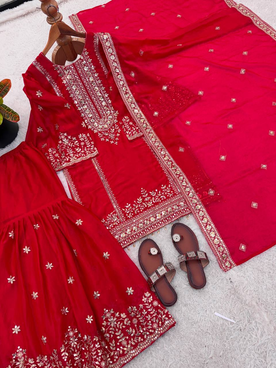 Shining Red Color Heavy Embroidery Sequence Work With Full Flair Sharara Suit