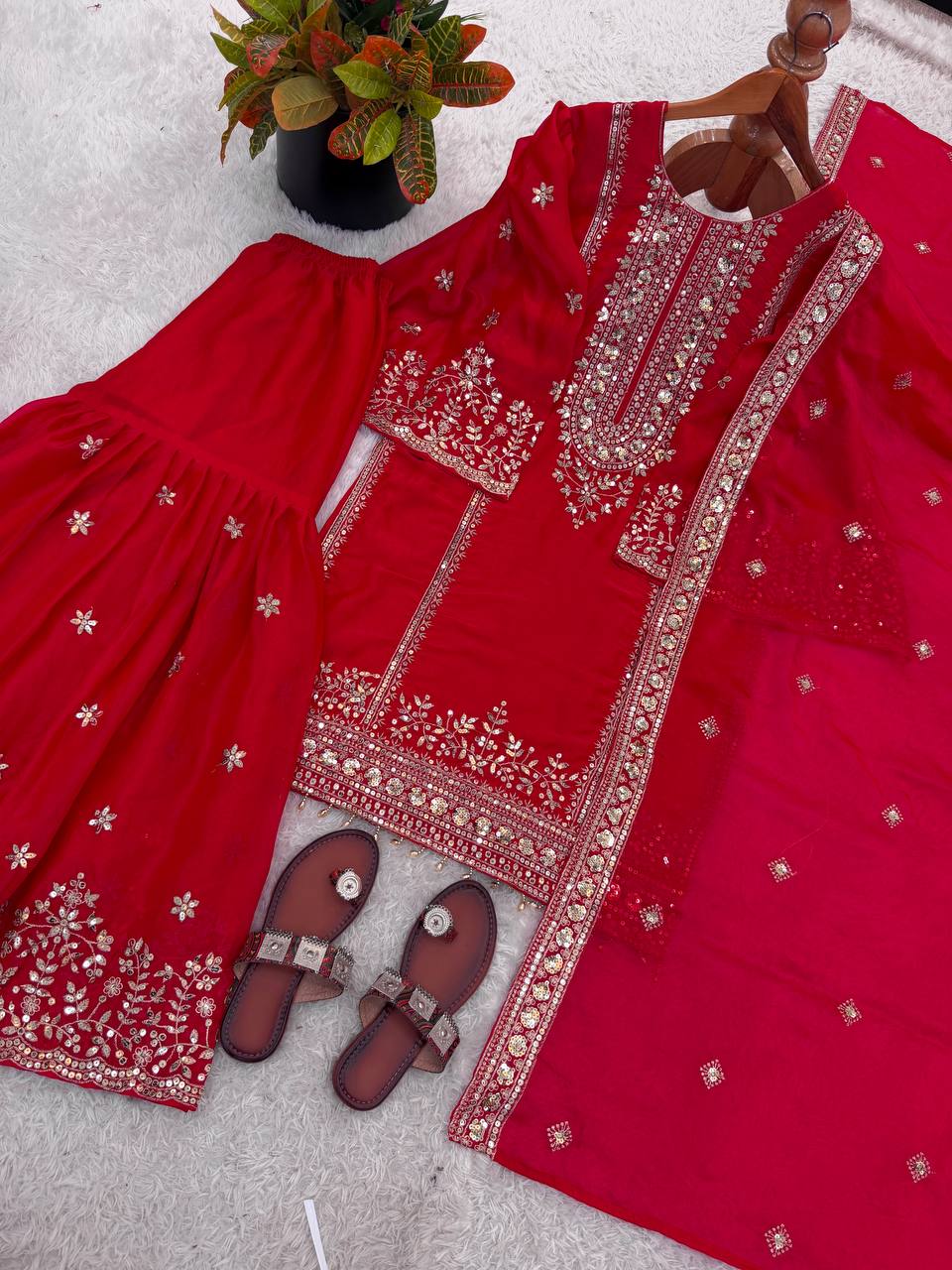 Shining Red Color Heavy Embroidery Sequence Work With Full Flair Sharara Suit