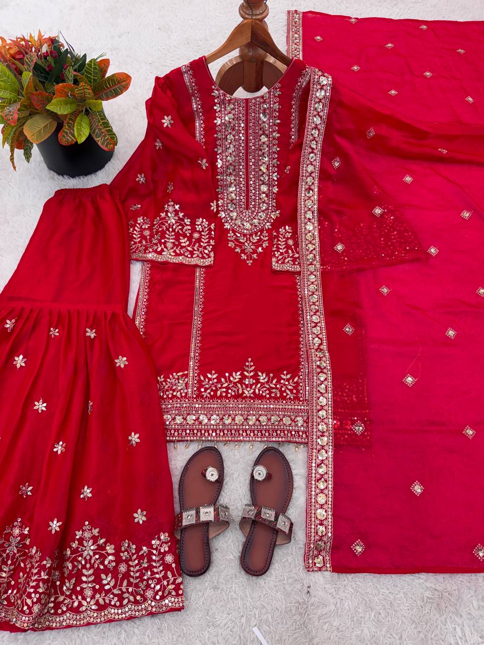 Shining Red Color Heavy Embroidery Sequence Work With Full Flair Sharara Suit
