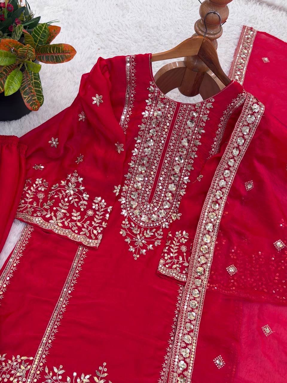 Shining Red Color Heavy Embroidery Sequence Work With Full Flair Sharara Suit