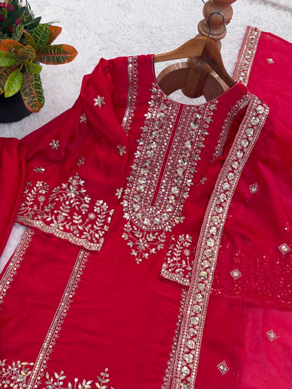 Shining Red Color Heavy Embroidery Sequence Work With Full Flair Sharara Suit