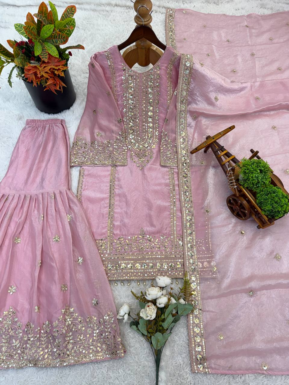 Beautiful Pink Color Heavy Embroidery Sequence Work With Full Flair Sharara Suit