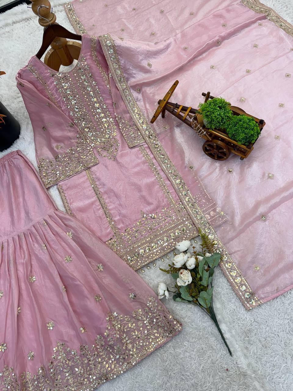 Beautiful Pink Color Heavy Embroidery Sequence Work With Full Flair Sharara Suit