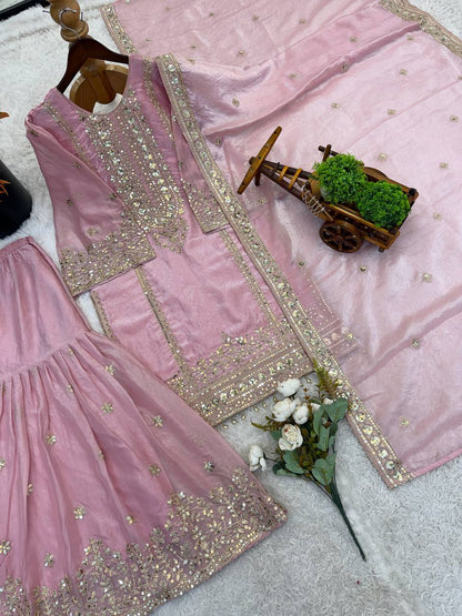 Beautiful Pink Color Heavy Embroidery Sequence Work With Full Flair Sharara Suit