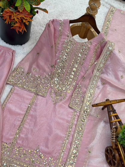 Beautiful Pink Color Heavy Embroidery Sequence Work With Full Flair Sharara Suit