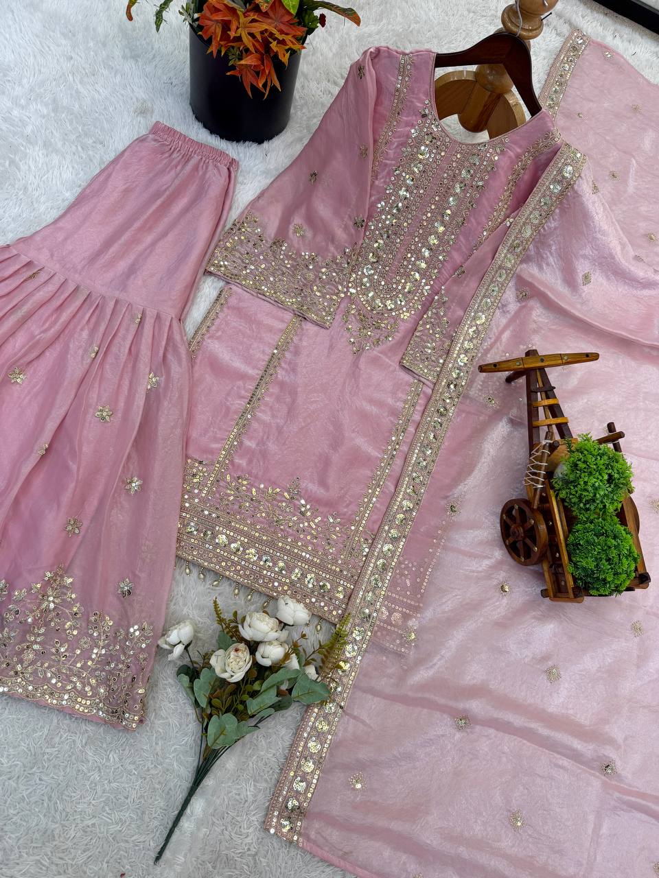 Beautiful Pink Color Heavy Embroidery Sequence Work With Full Flair Sharara Suit