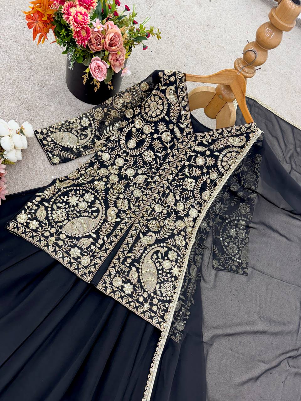Latest Beautiful Faux Georgette Black Color Embroidered Party Wear Palazzo Set with Dupatta