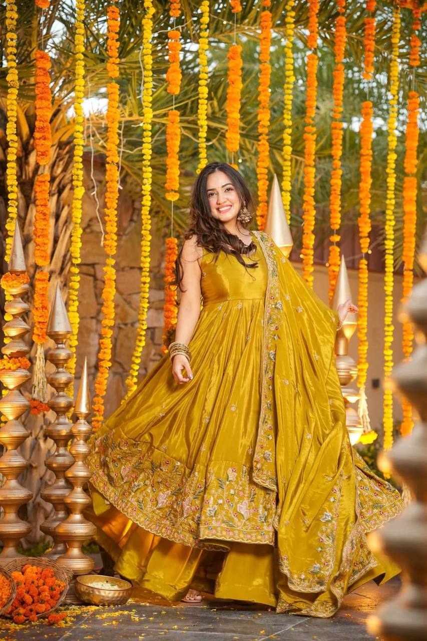 Wedding Wear Mustard Color Heavy Silk Gown Set With Palazzo And Dupatta
