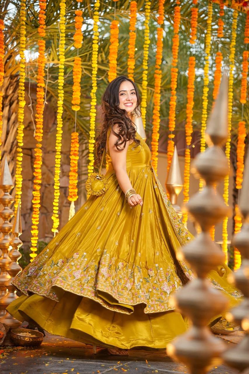 Wedding Wear Mustard Color Heavy Silk Gown Set With Palazzo And Dupatta