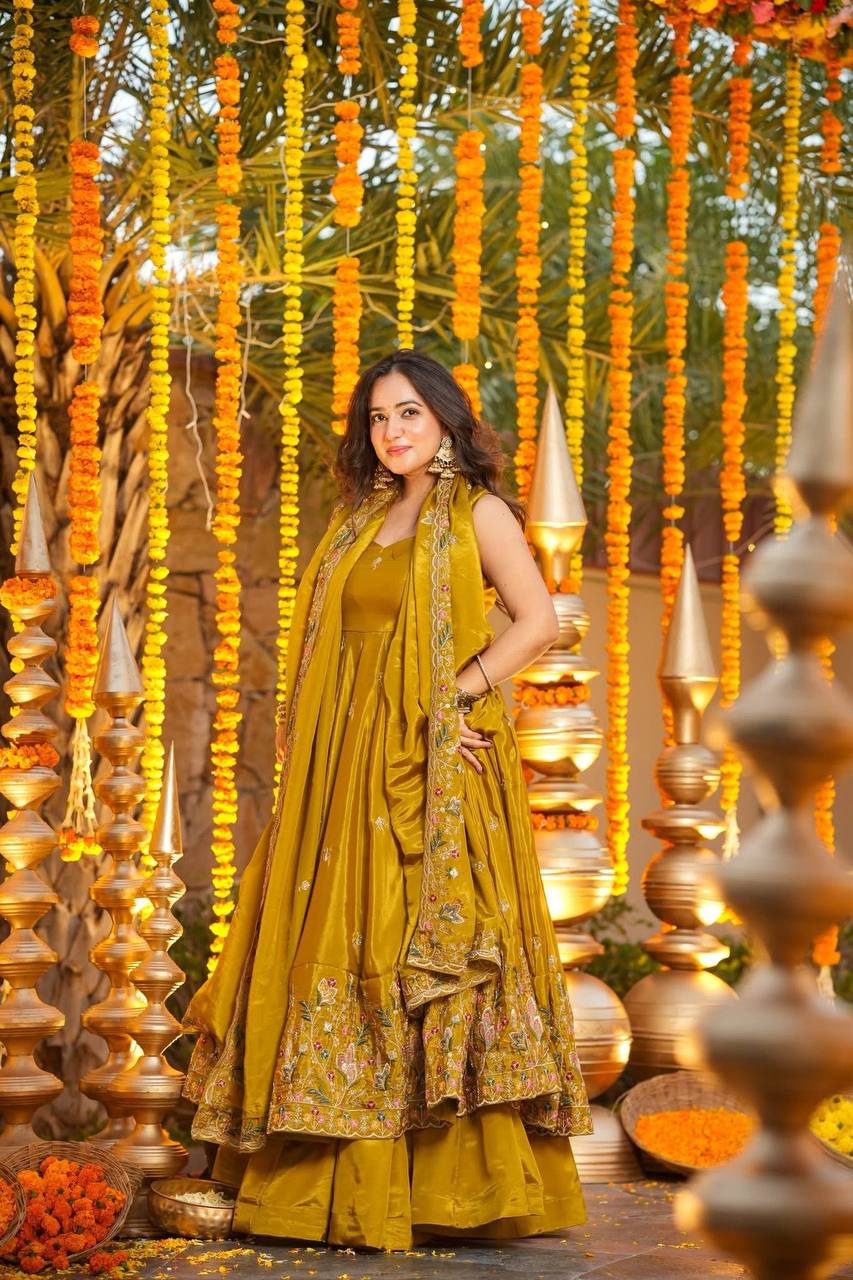 Wedding Wear Mustard Color Heavy Silk Gown Set With Palazzo And Dupatta