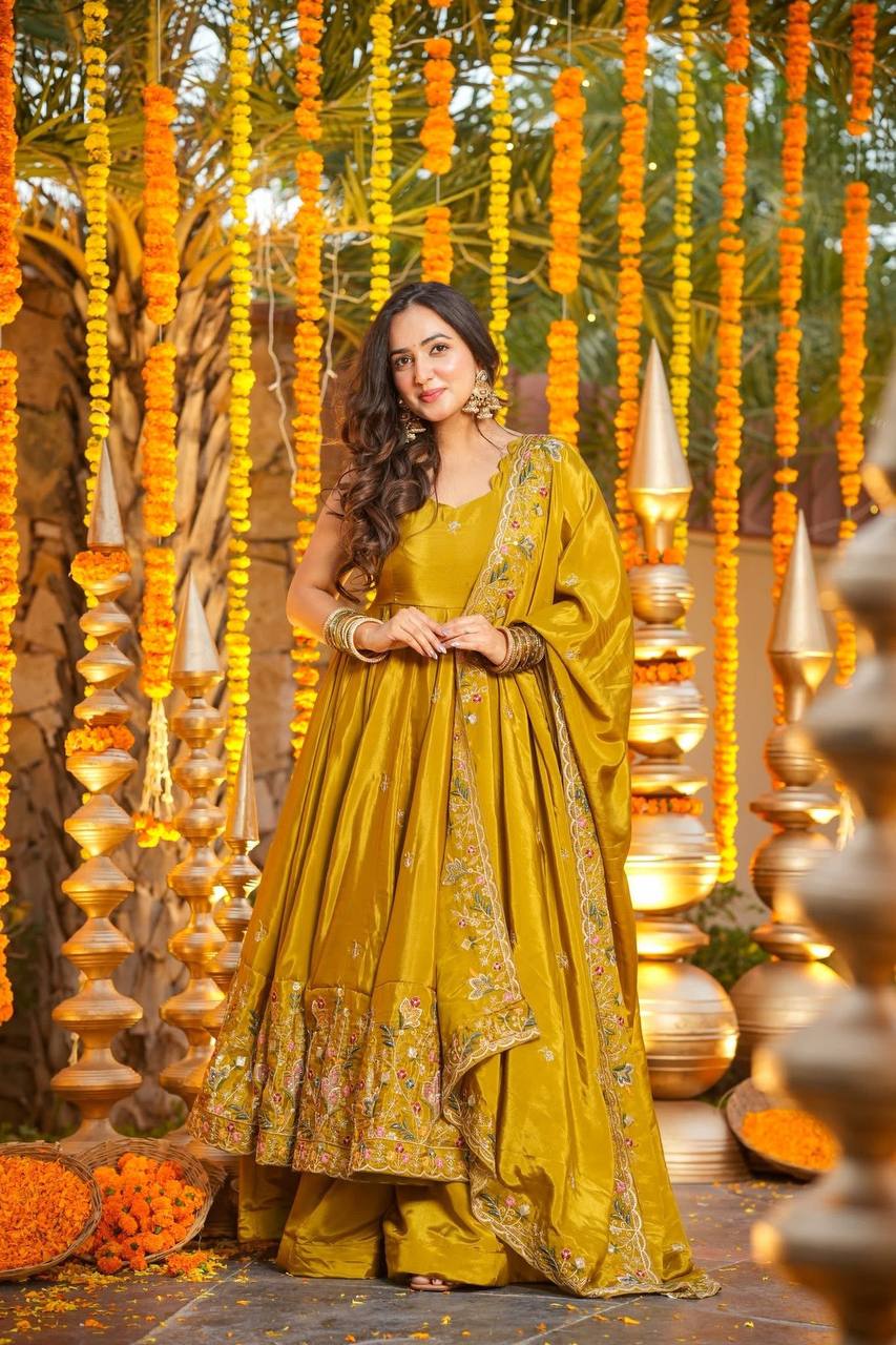 Wedding Wear Mustard Color Heavy Silk Gown Set With Palazzo And Dupatta