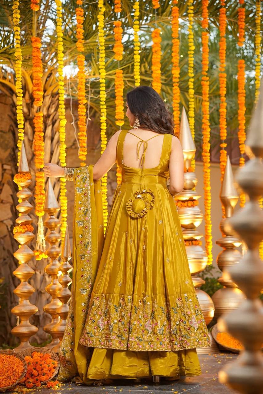 Wedding Wear Mustard Color Heavy Silk Gown Set With Palazzo And Dupatta
