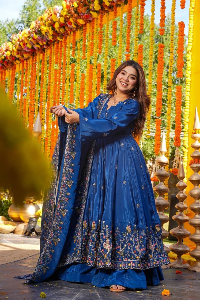 Wedding Wear Blue Color Heavy Silk Gown Set With Palazzo And Dupatta