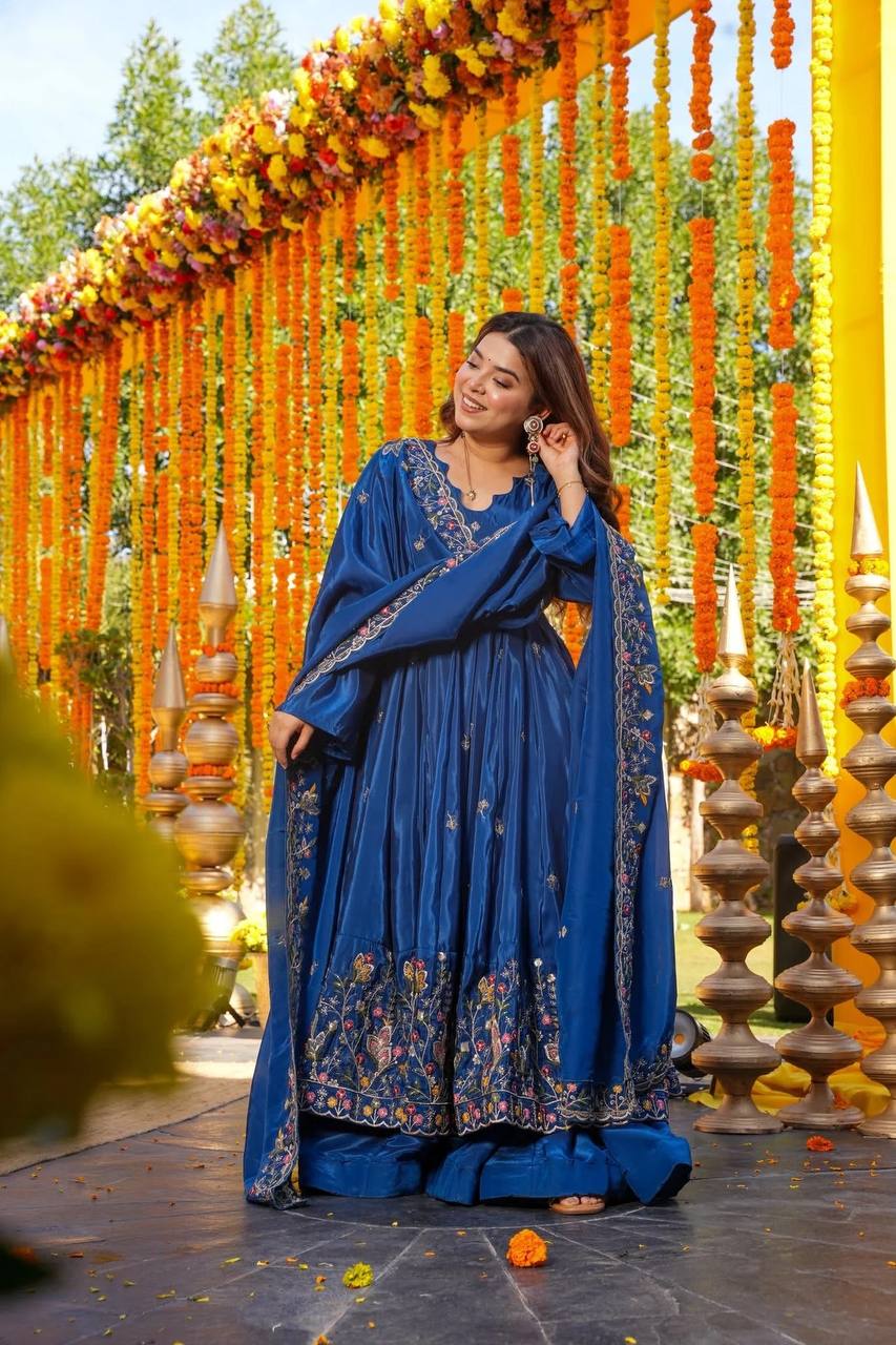 Wedding Wear Blue Color Heavy Silk Gown Set With Palazzo And Dupatta