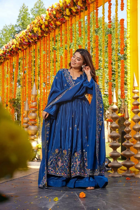 Wedding Wear Blue Color Heavy Silk Gown Set With Palazzo And Dupatta