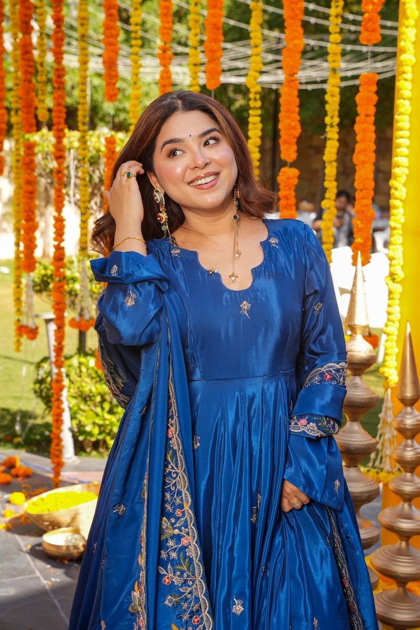 Wedding Wear Blue Color Heavy Silk Gown Set With Palazzo And Dupatta