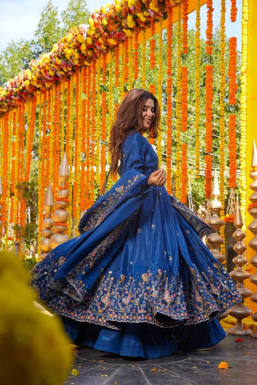 Wedding Wear Blue Color Heavy Silk Gown Set With Palazzo And Dupatta