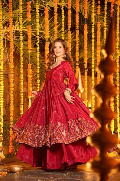Wedding Wear Red Color Heavy Silk Gown Set With Palazzo And Dupatta