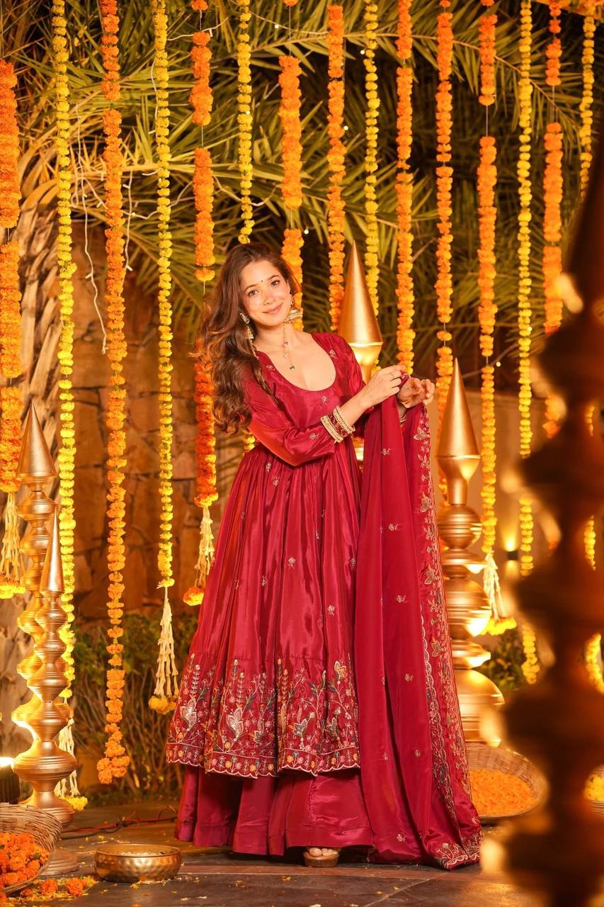 Wedding Wear Red Color Heavy Silk Gown Set With Palazzo And Dupatta