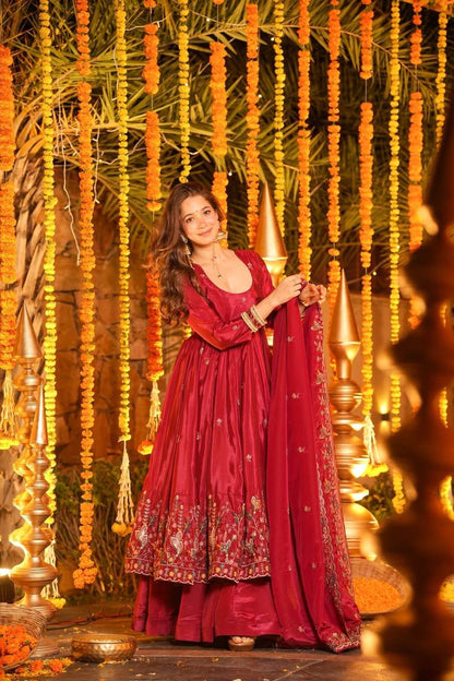 Wedding Wear Red Color Heavy Silk Gown Set With Palazzo And Dupatta